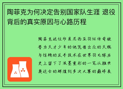 陶菲克为何决定告别国家队生涯 退役背后的真实原因与心路历程